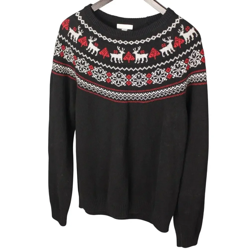 Mens L Fair Isle Reindeer Sweater 60% Cotton Nordic Winter‎ Ski Holiday Black